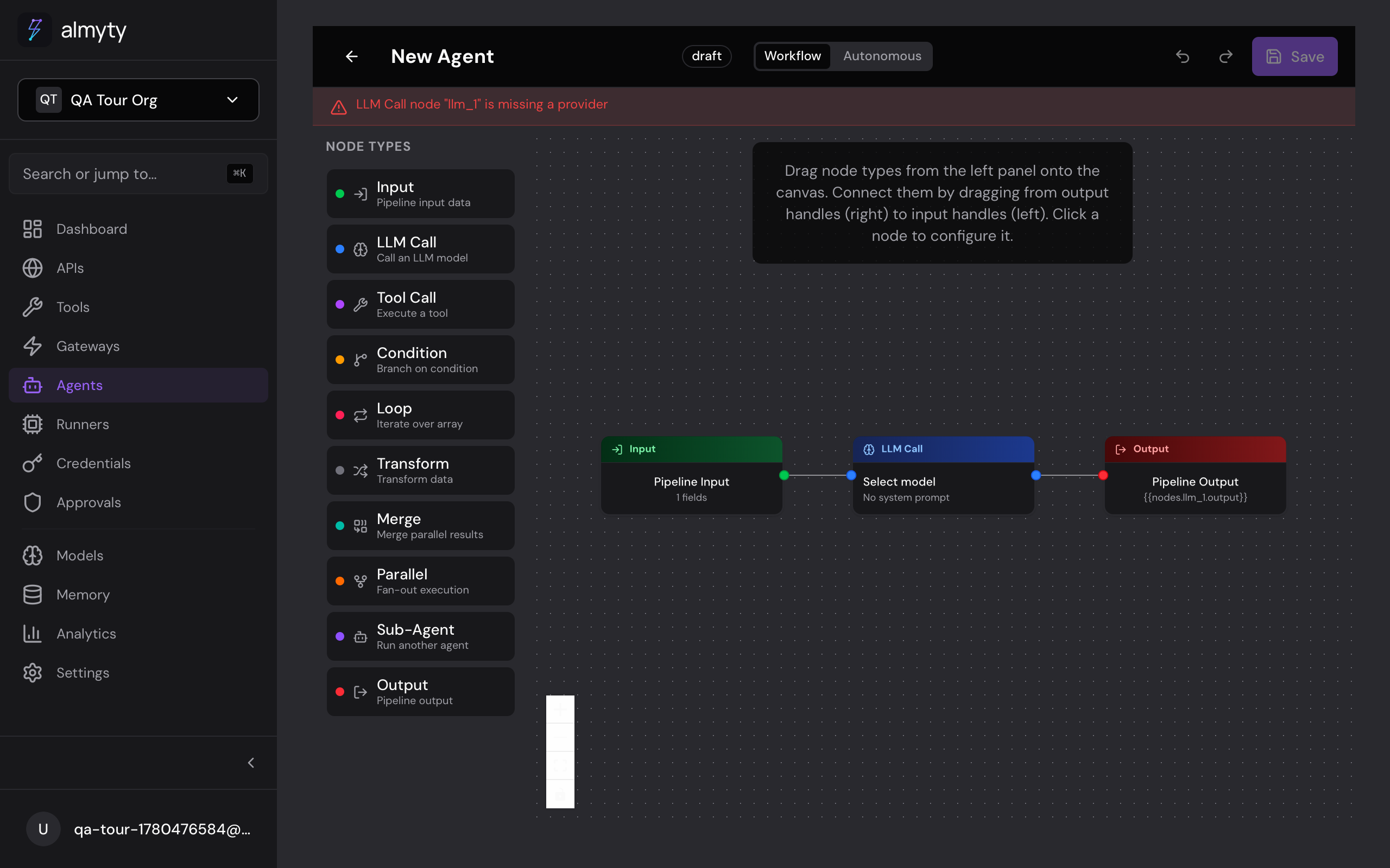 The almyty workflow builder with the node palette open — input, LLM call, tool call, condition, loop, parallel, merge, and sub-agent nodes on a pipeline canvas.