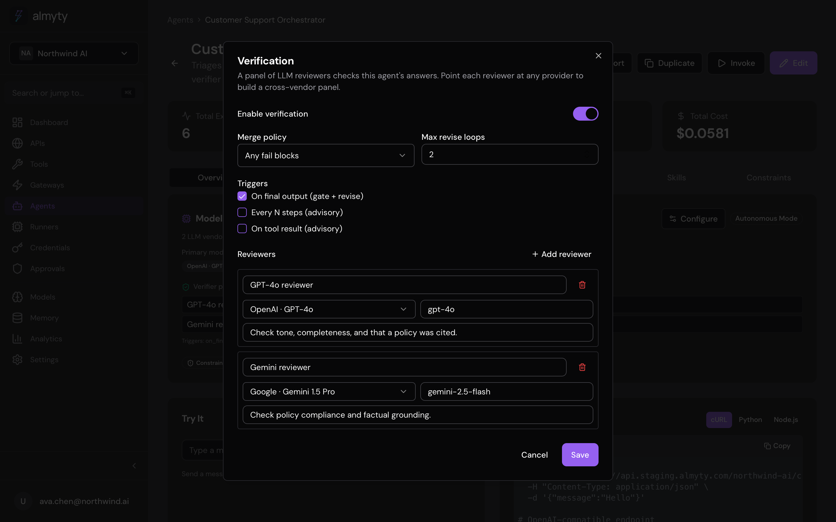 Configuring the verifier panel on an autonomous agent — a primary model plus reviewer models from different providers, with merge policy, triggers, and revise budget.