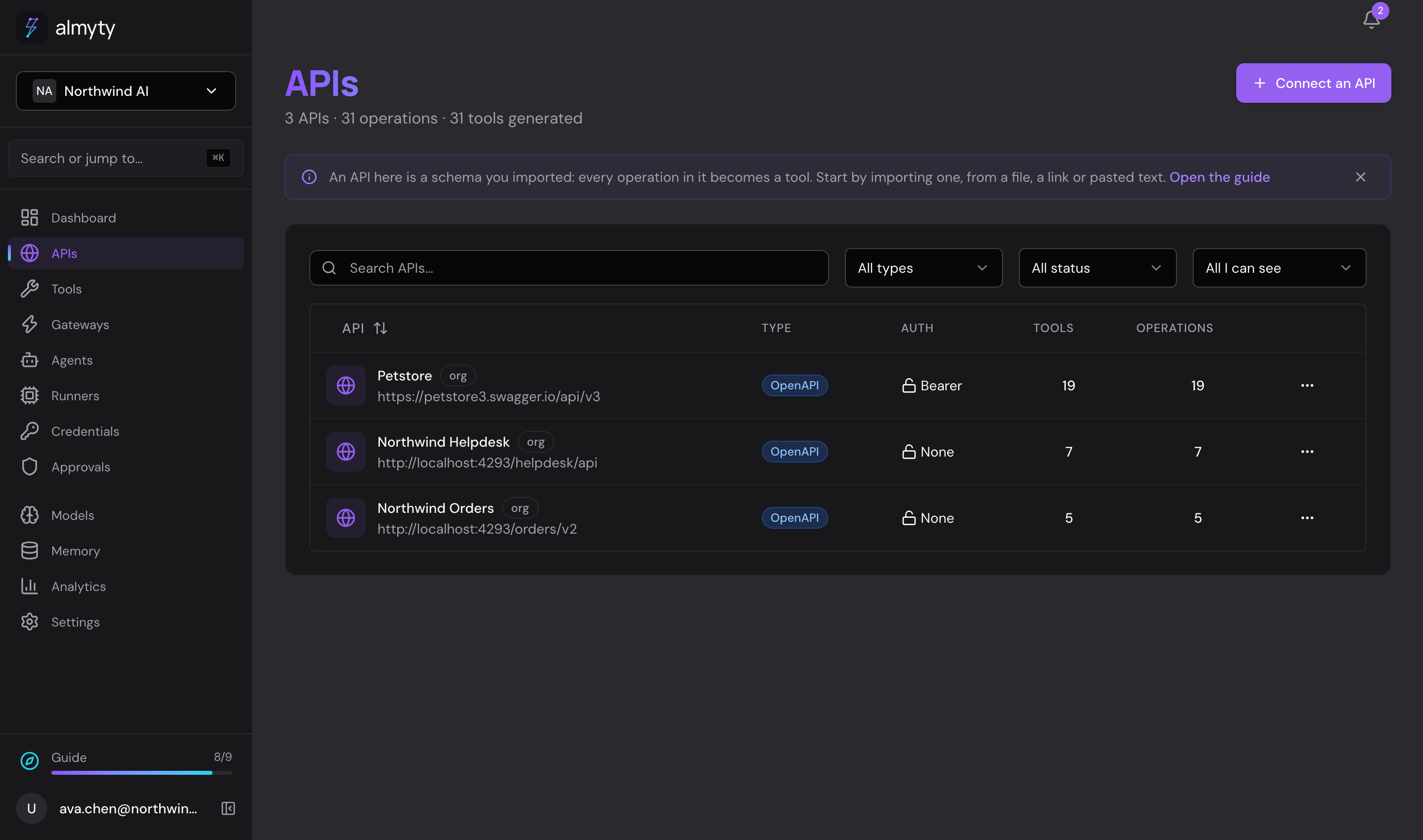 Three connected systems (an order system, a helpdesk and a shop) and how many actions each one offers.