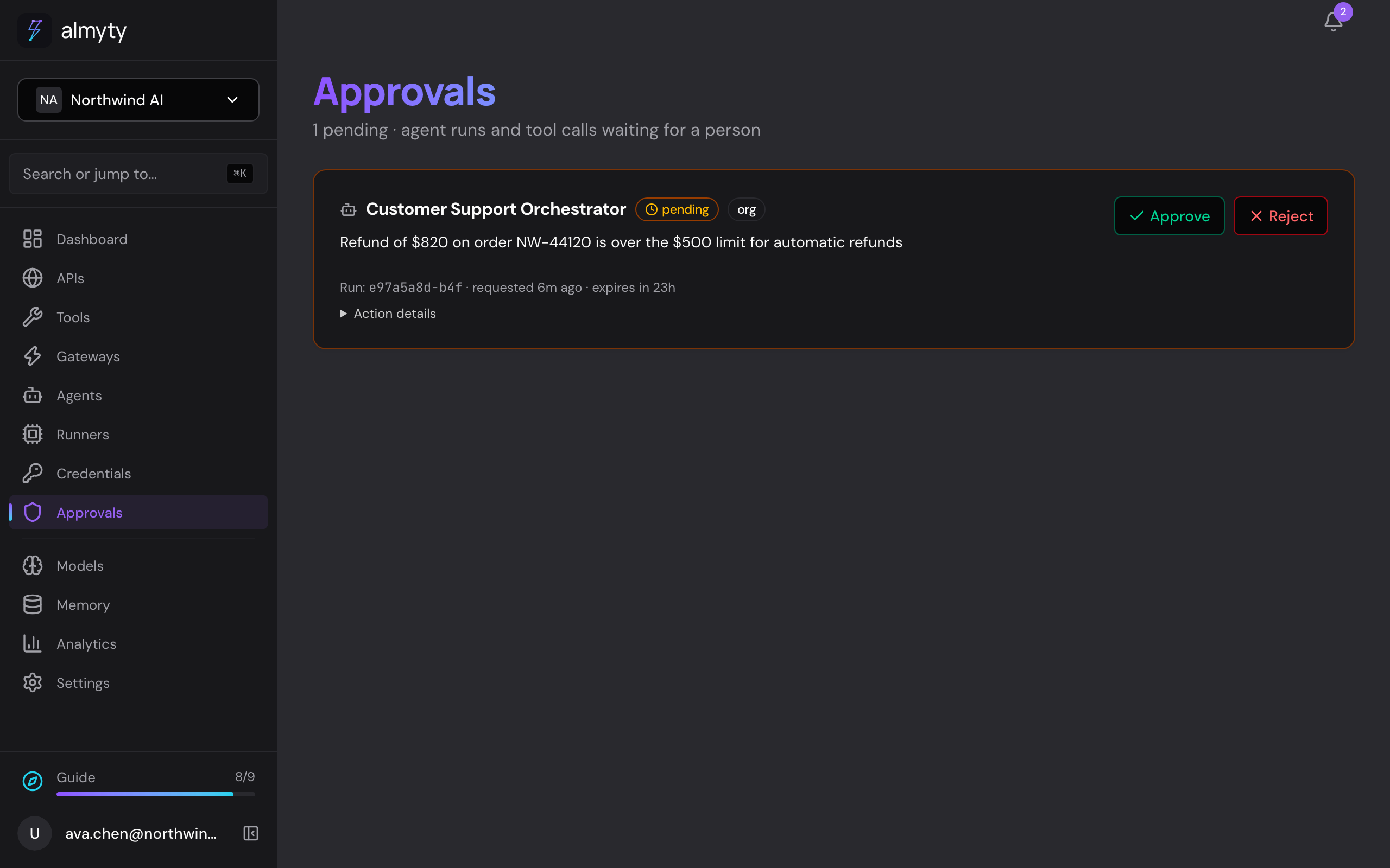 A refund of $820 waiting for approval because it is over the $500 limit for automatic refunds.