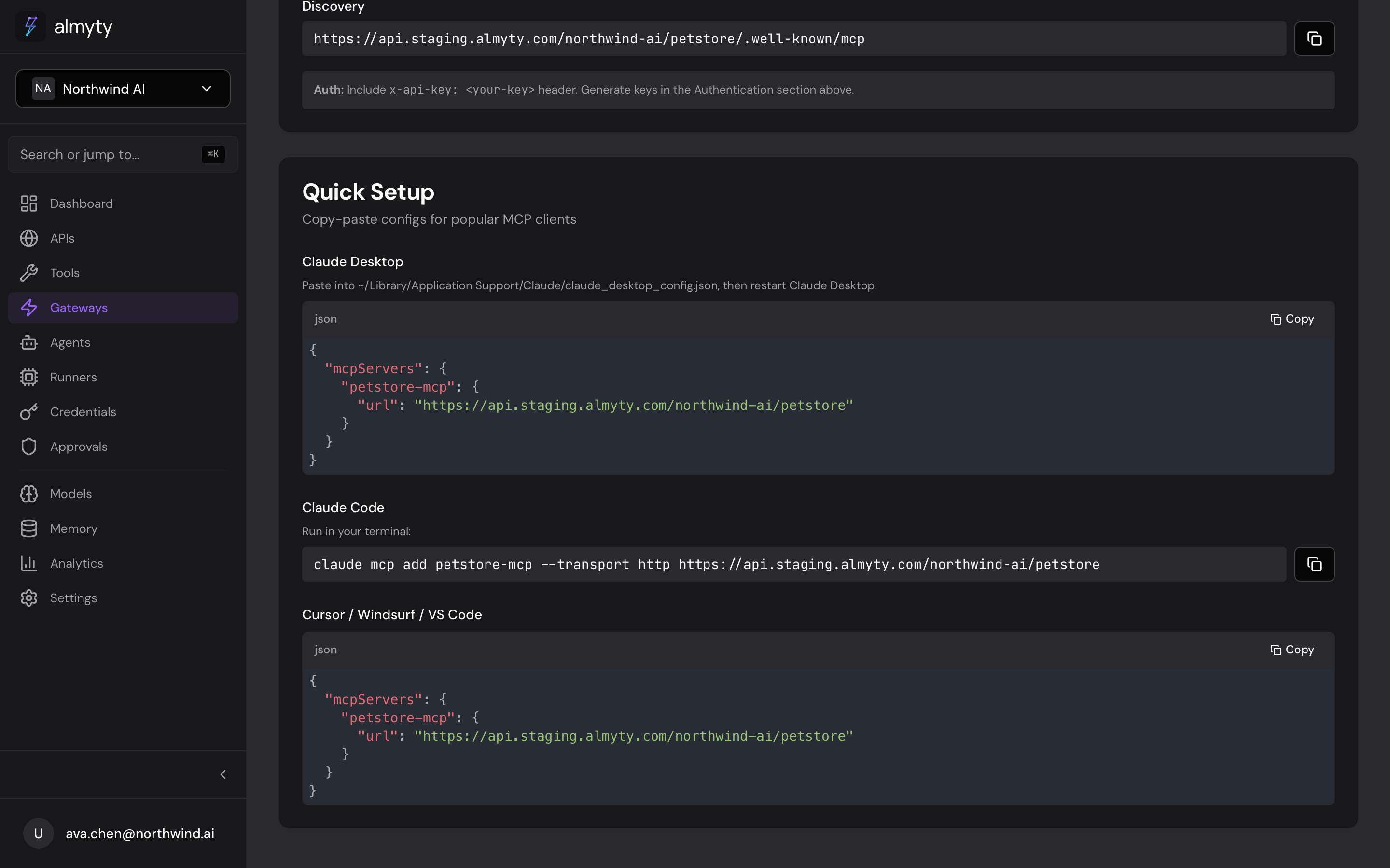 The gateway's Quick Setup panel in almyty, with copy-paste MCP connect commands for Claude Code, Claude Desktop, and Cursor.