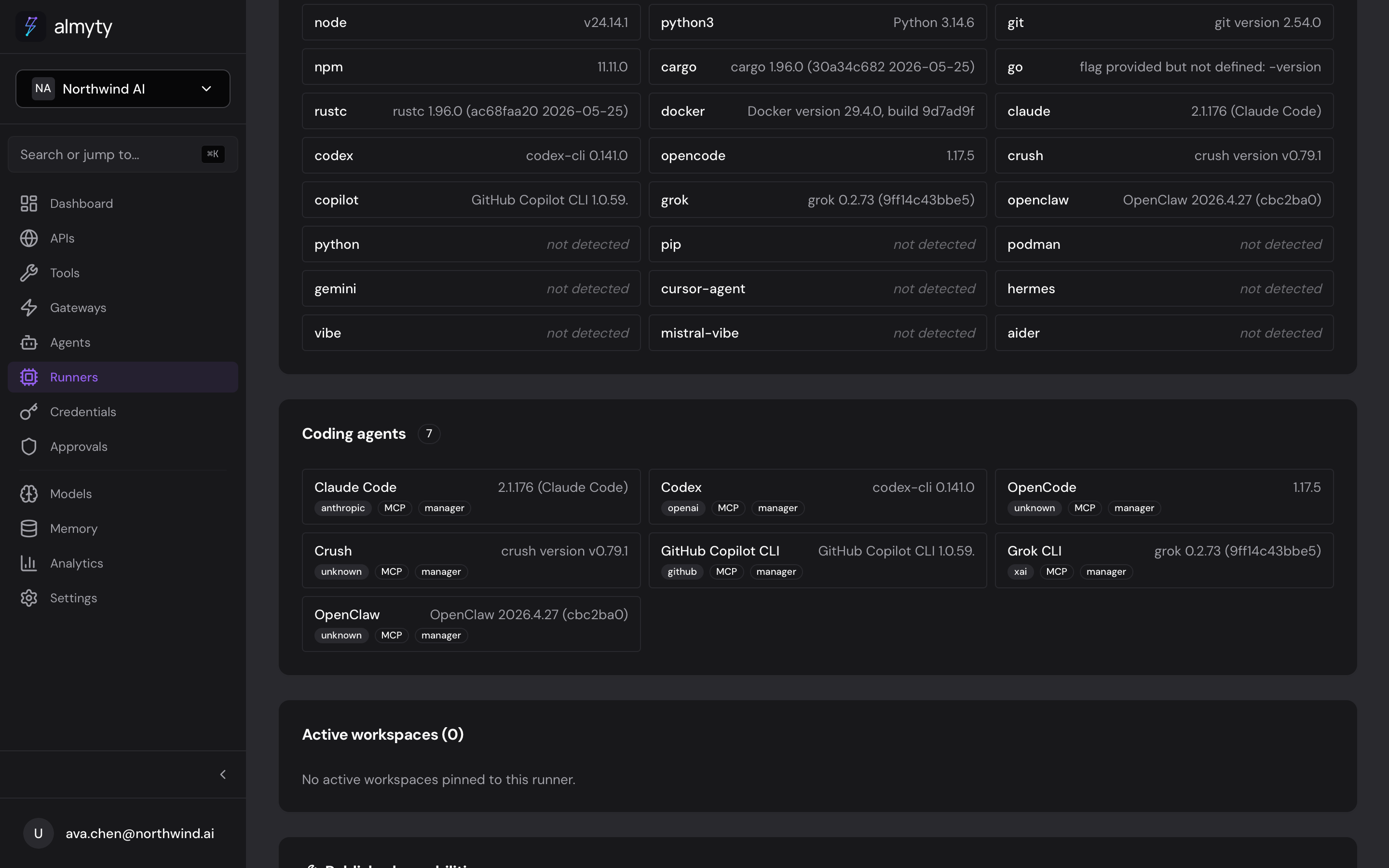 A runner detail page showing detected binaries and a Coding agents card — Claude Code, Codex, OpenCode, Crush, Copilot, Grok, OpenClaw.